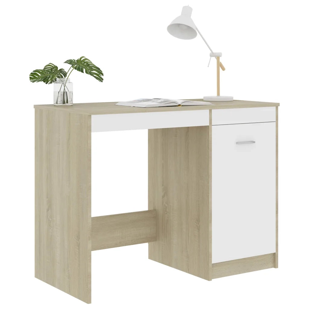 Scrivania Bianca e Rovere Sonoma 100x50x76 cm Legno Multistrato