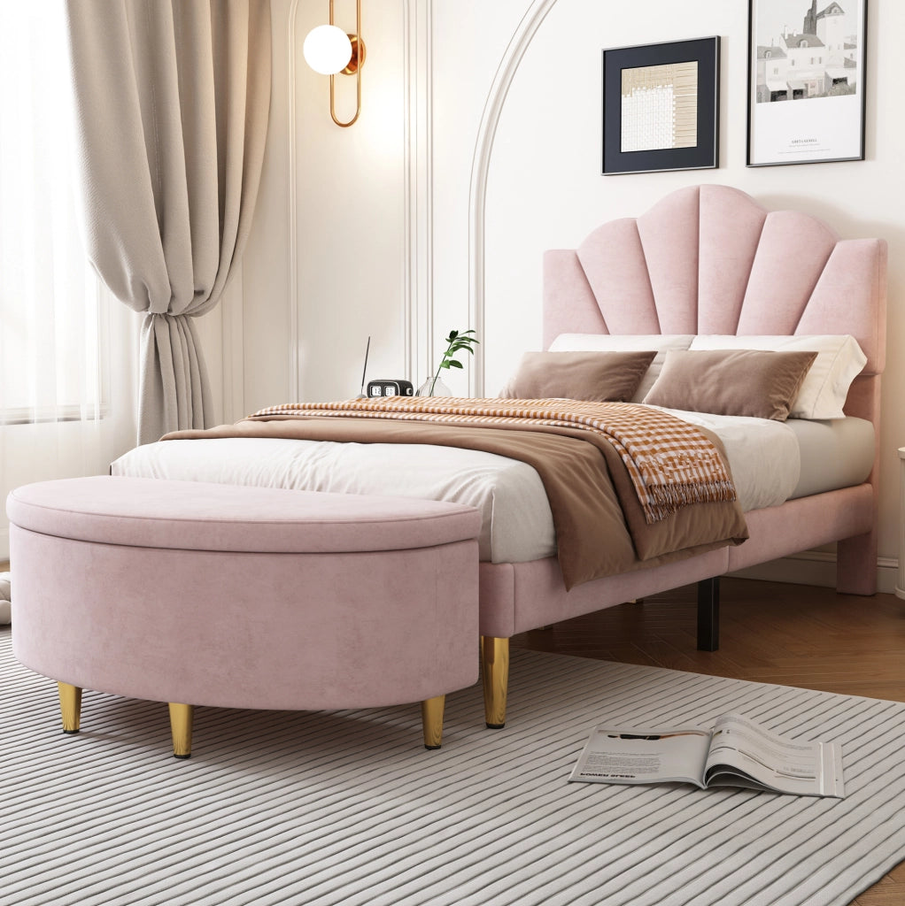Letto imbottito matrimoniale 90x200 cm in velluto rosa con testiera regolabile e rete a doghe