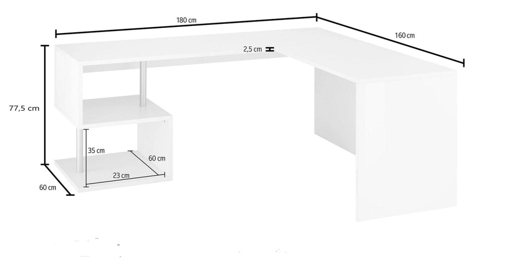 Scrivania Angolare 180/160x60x77,5cm cm Esse Bianco Lucido