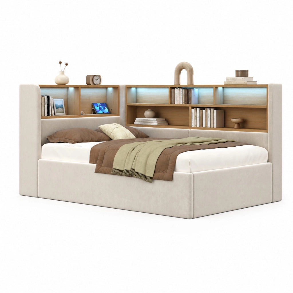 Letto a baldacchino 90x200 cm con contenitore idraulico, testiera con LED, USB-C e tessuto effetto velluto beige