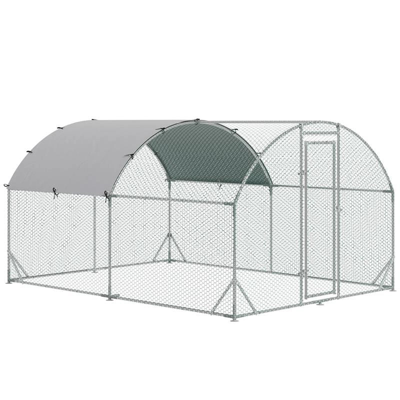 RECINTO PER GALLINE IN METALLO GALVANIZZATO CON TETTO E COPERTURA ANTI UV, 280X380X197 CM, ARGENTO