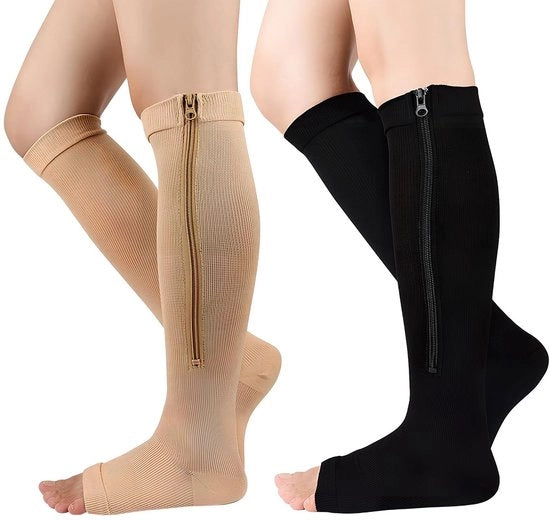 Compressi con Cerniera - Apri Bordo - Supporti Compressivi - 2 Paia - 15-20 mmHg - Nero/Camoscio - Comfortevoli e Translucidi