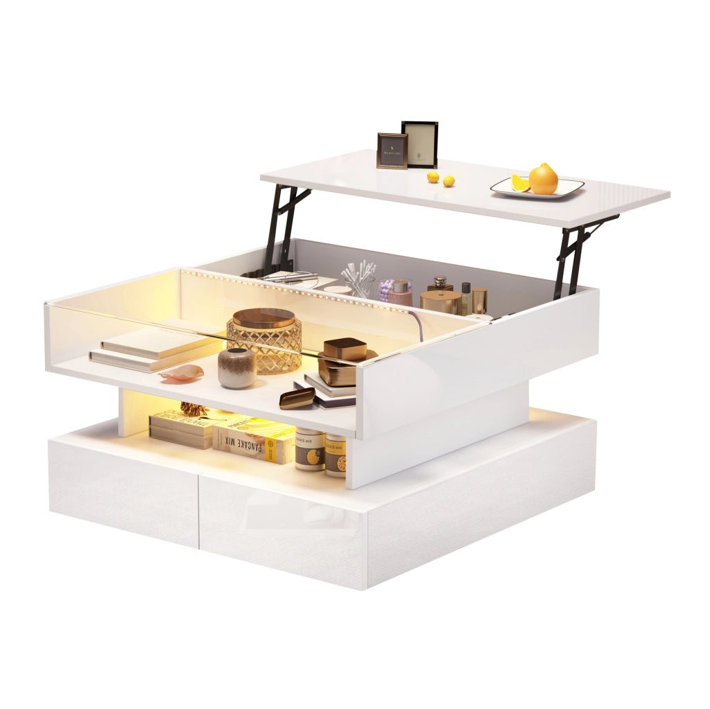 Tavolino da caffè alzabile con 2 cassetti; LED e vano nascosto per soggiorno bianco 80×80×45 cm