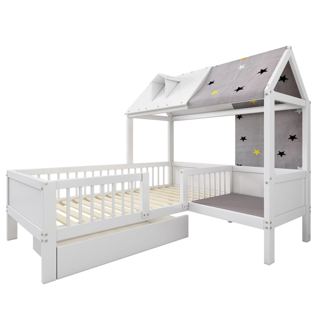 Letto per bambini a casetta 90x200 cm con cassetti in legno massello e MDF bianco