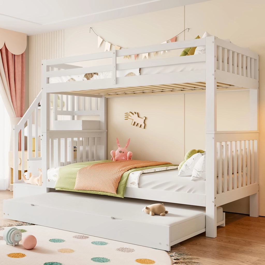 Letto a castello 90x200 cm con letto estraibile e scala con scaffali