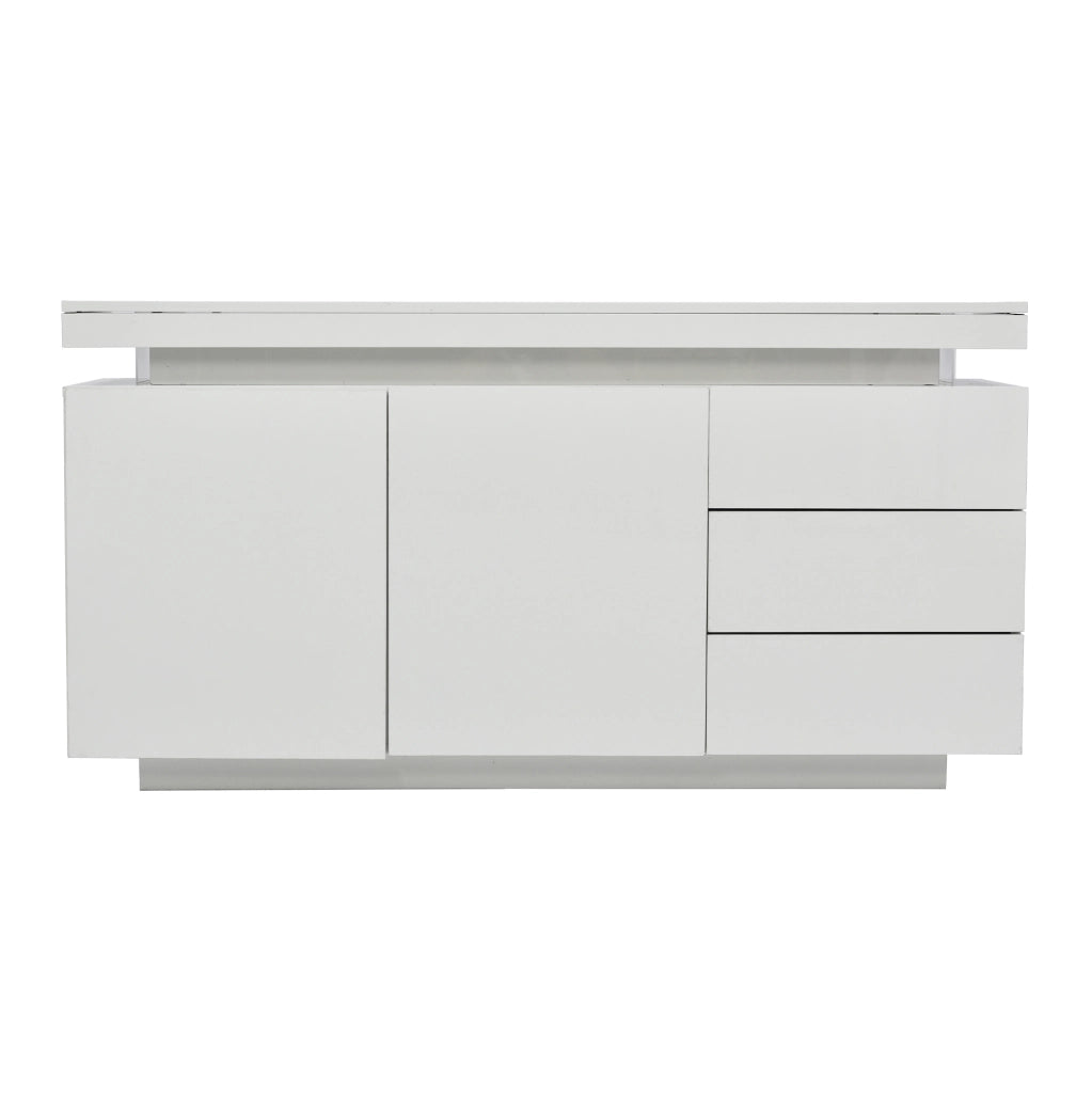 Credenza 140x35x72.5 cm con LED; 2 ante e 3 cassetti; bianco