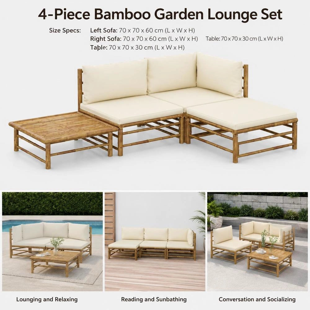 4-piece Garden Lounge Set With Cream-white Bamboo Cushions