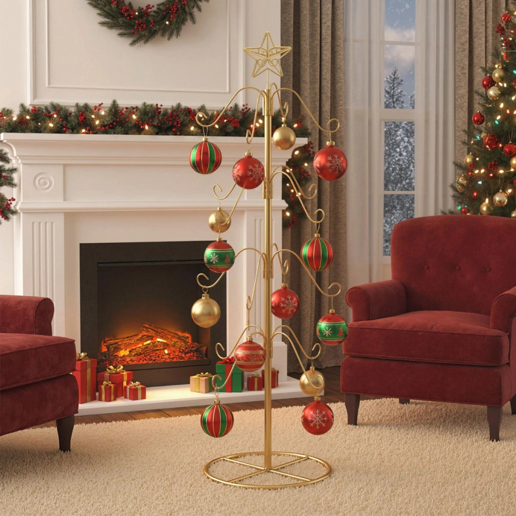 Albero espositivo con 16 ganci appendi oggetti e stella in punta per feste, Porta calze di natale per decorazioni Oro