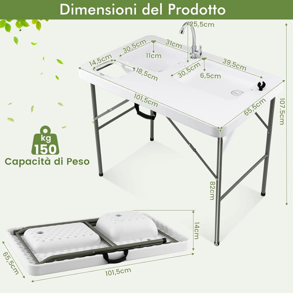 Tavolo da Campeggio Portatile, Tavolo Pieghevole con 2 Lavandini, Rubinetto Girevole a 360°, Tavolo da Esterno per Picnic, Barbecue e Pesca, 101,5 x 65,5 x 107,5 cm, Portata 150 kg