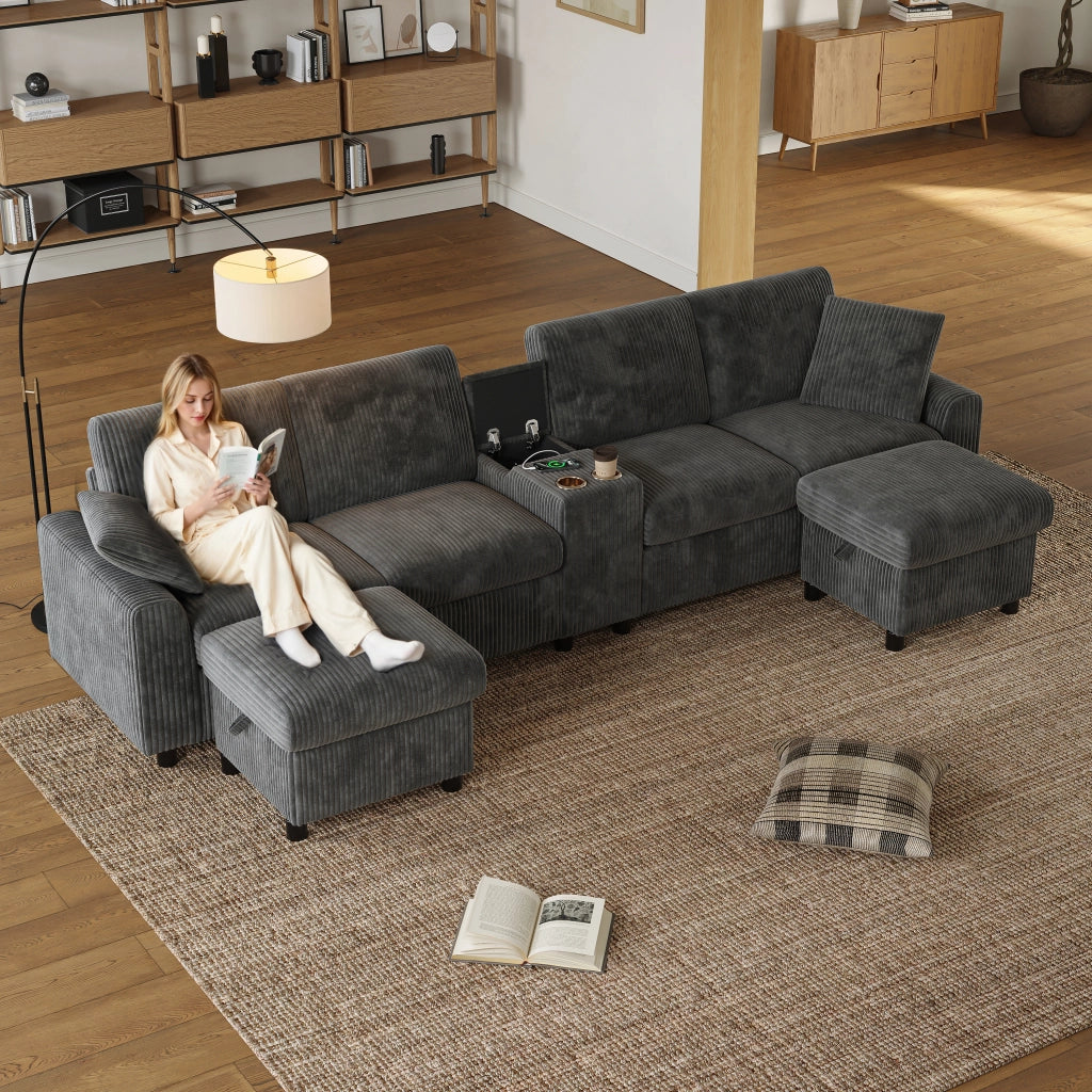 Divano U angolare in velluto a coste ¨C MINIMAL ¨C grigio, con pouf contenitore, tavolino, portabicchieri, USB e prese, 315x135x81 cm