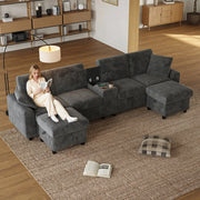 Divano U angolare in velluto a coste ¨C MINIMAL ¨C grigio, con pouf contenitore, tavolino, portabicchieri, USB e prese, 315x135x81 cm