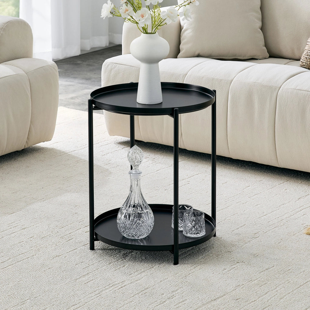 Tavolino rotondo a 2 livelli ?42 x 52 cm in MDF e metallo nero