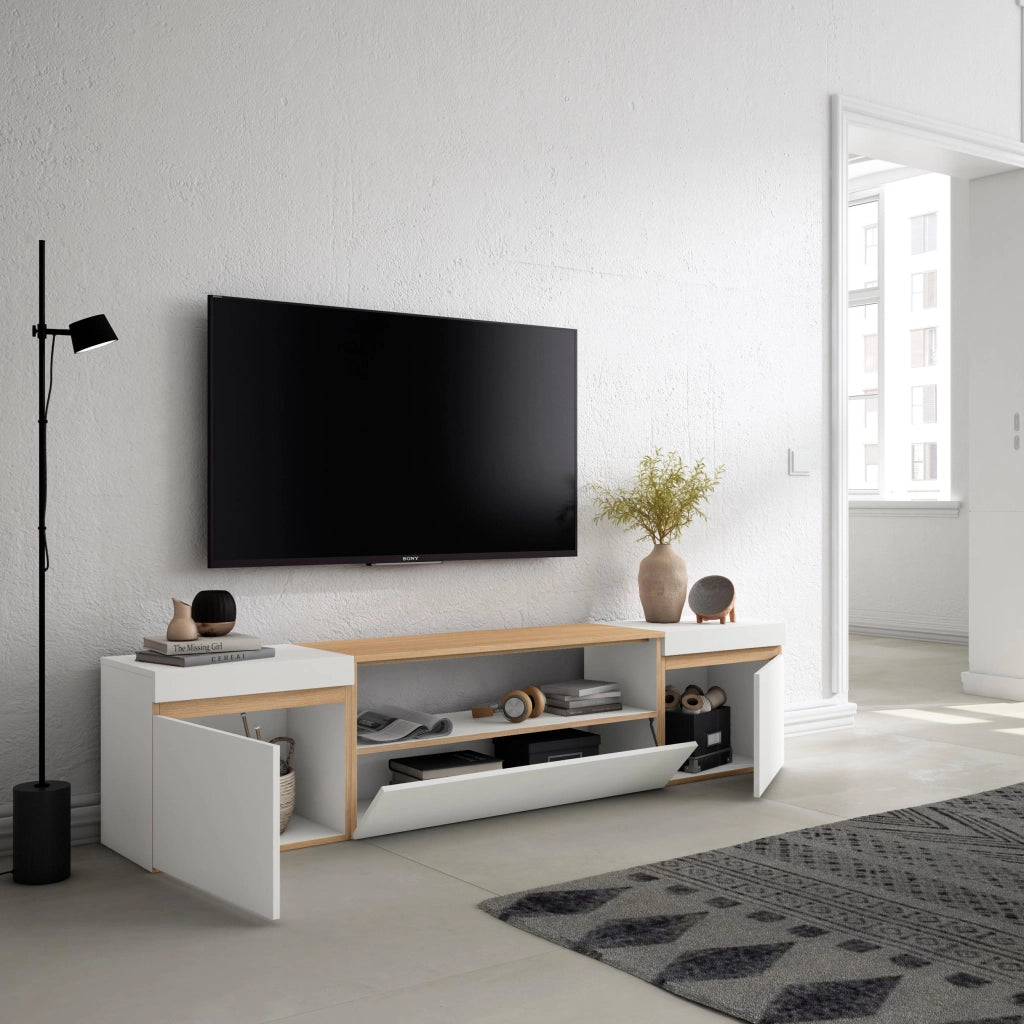 Mobile TV Soggiorno, 200x45x35cm, Per TV fino a 80", Mobile Soggiorno, Bianco e Rovere soft