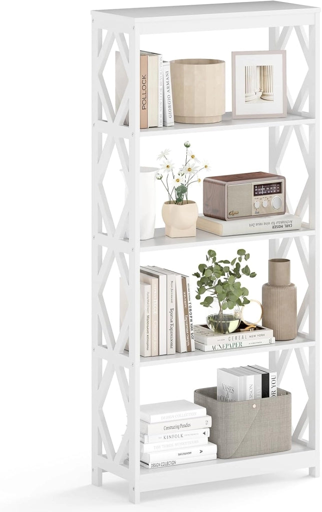 Libreria 5 Ripiani, Scaffale in Legno con Struttura Romboidale, Scaffale Espositivo Aperto Autoportante per Ufficio, Soggiorno e Camera da Letto, 70×30×155 cm