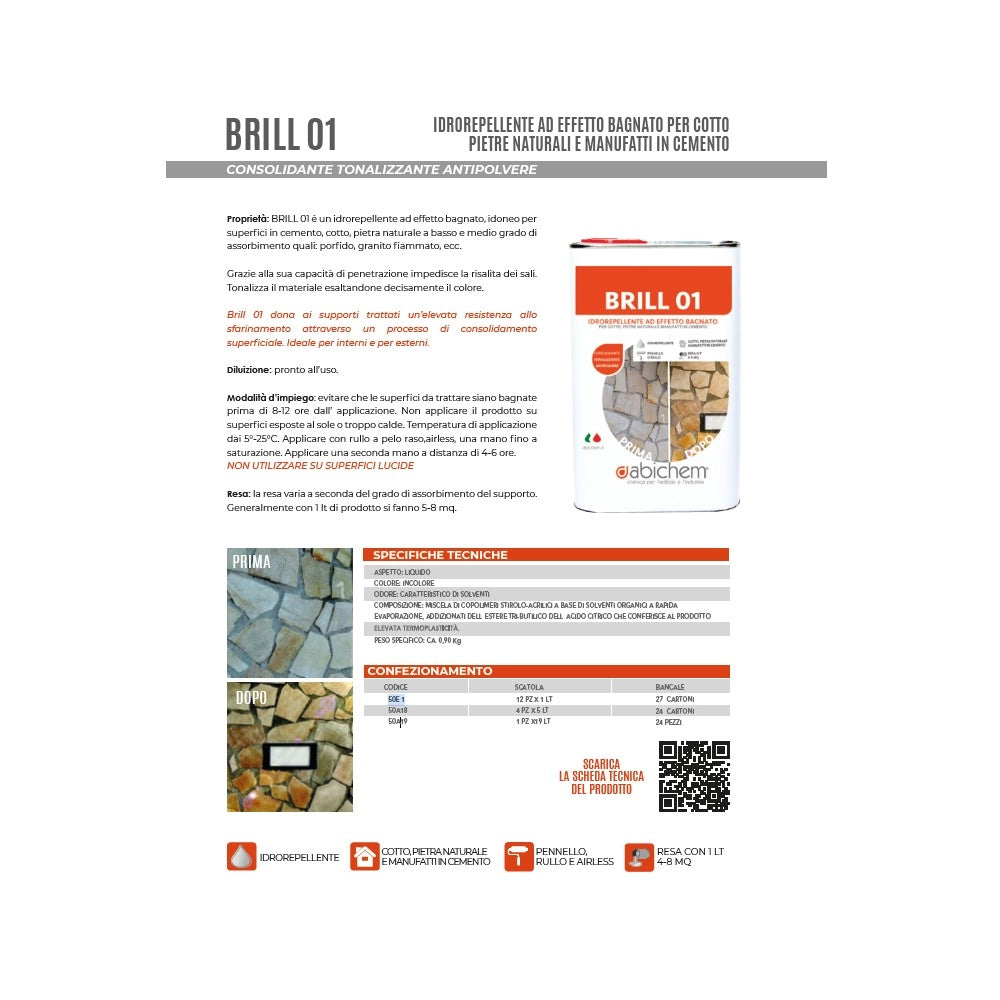 Abichem 1lt brill 01 idrorepellente ad effetto bagnato per cotto pietre naturali e manufatti in cemento