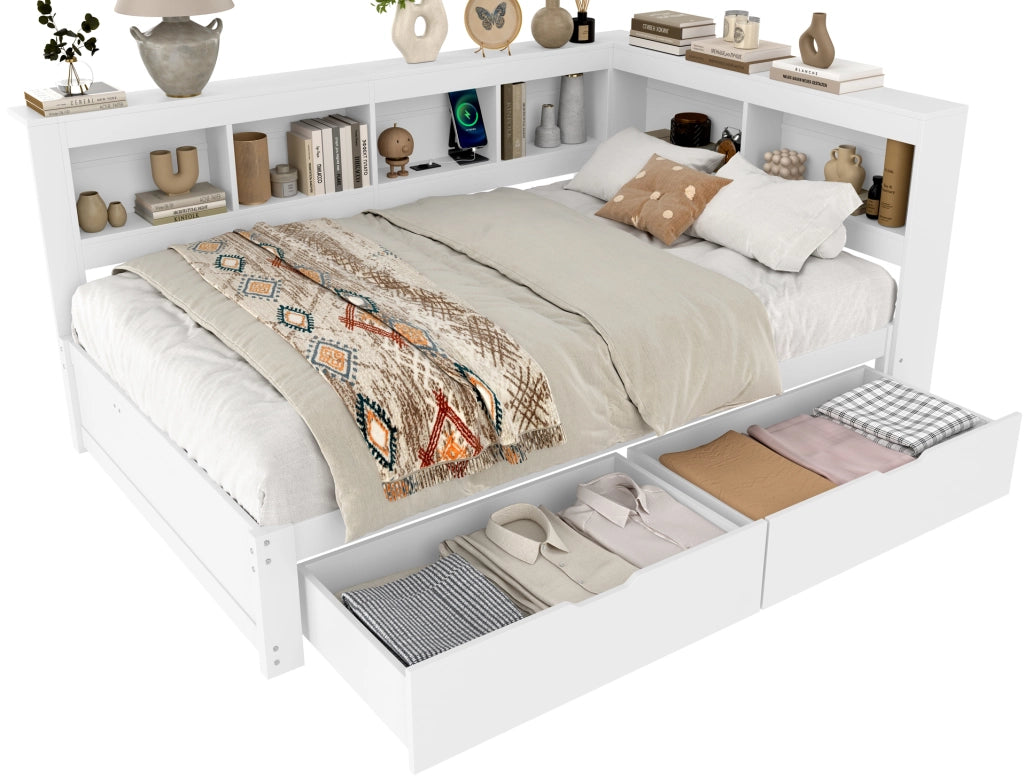 Letto a Divanetto 140x200 cm con Prese; 2 Porte USB; 2 Cassetti; in MDF e Pino; Bianco