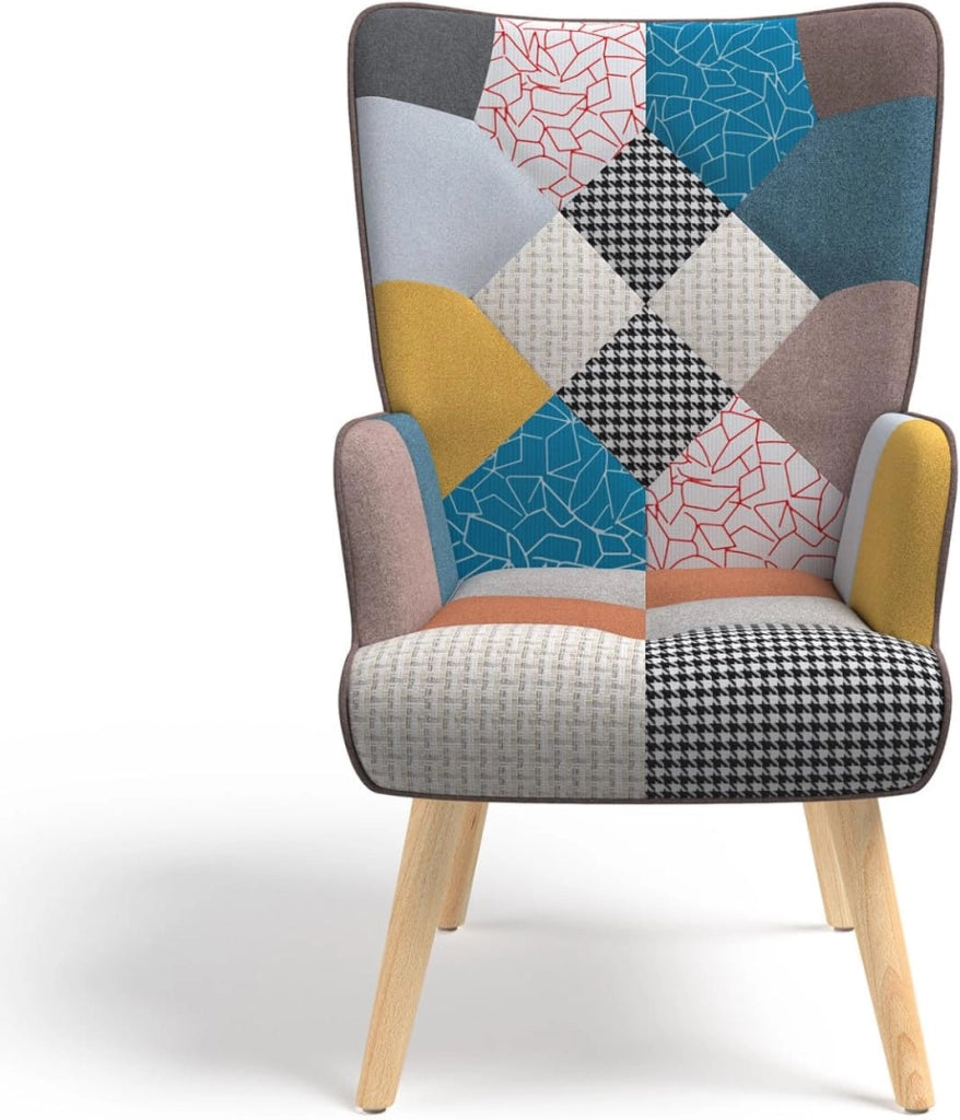 Poltrona scandinava IVAR con poggiapiedi in tessuto patchwork multicolore