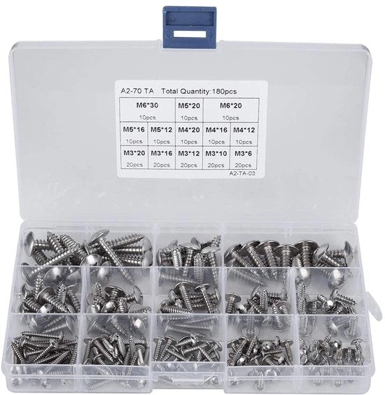 Viti autoalimentanti a testa piatta in acciaio inossidabile 180 pezzi - M3/M4/M5/M6 - Scatola di conservazione trasparente - Alta resistenza