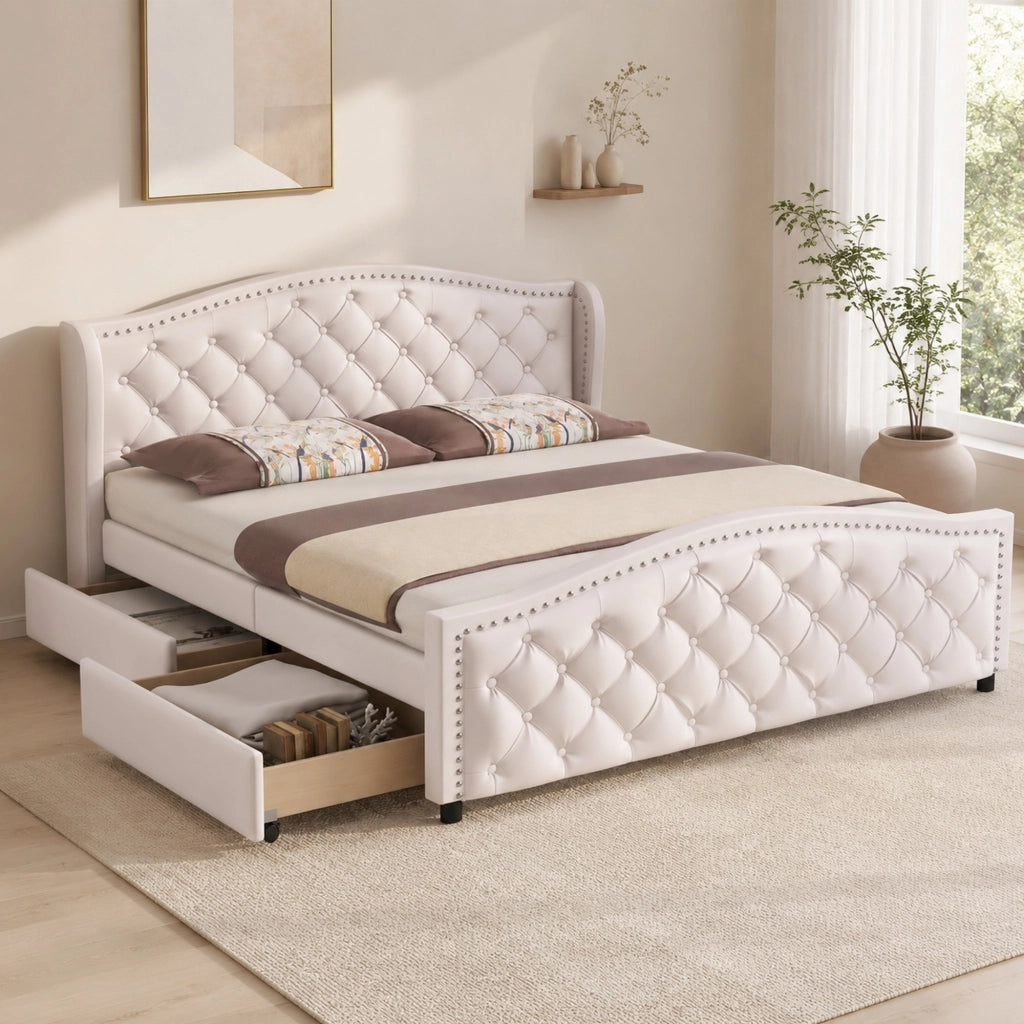 Letto imbottito 140 x 200 cm in PU bianco con rete a doghe, testiera Chesterfield e 2 cassetti contenitore