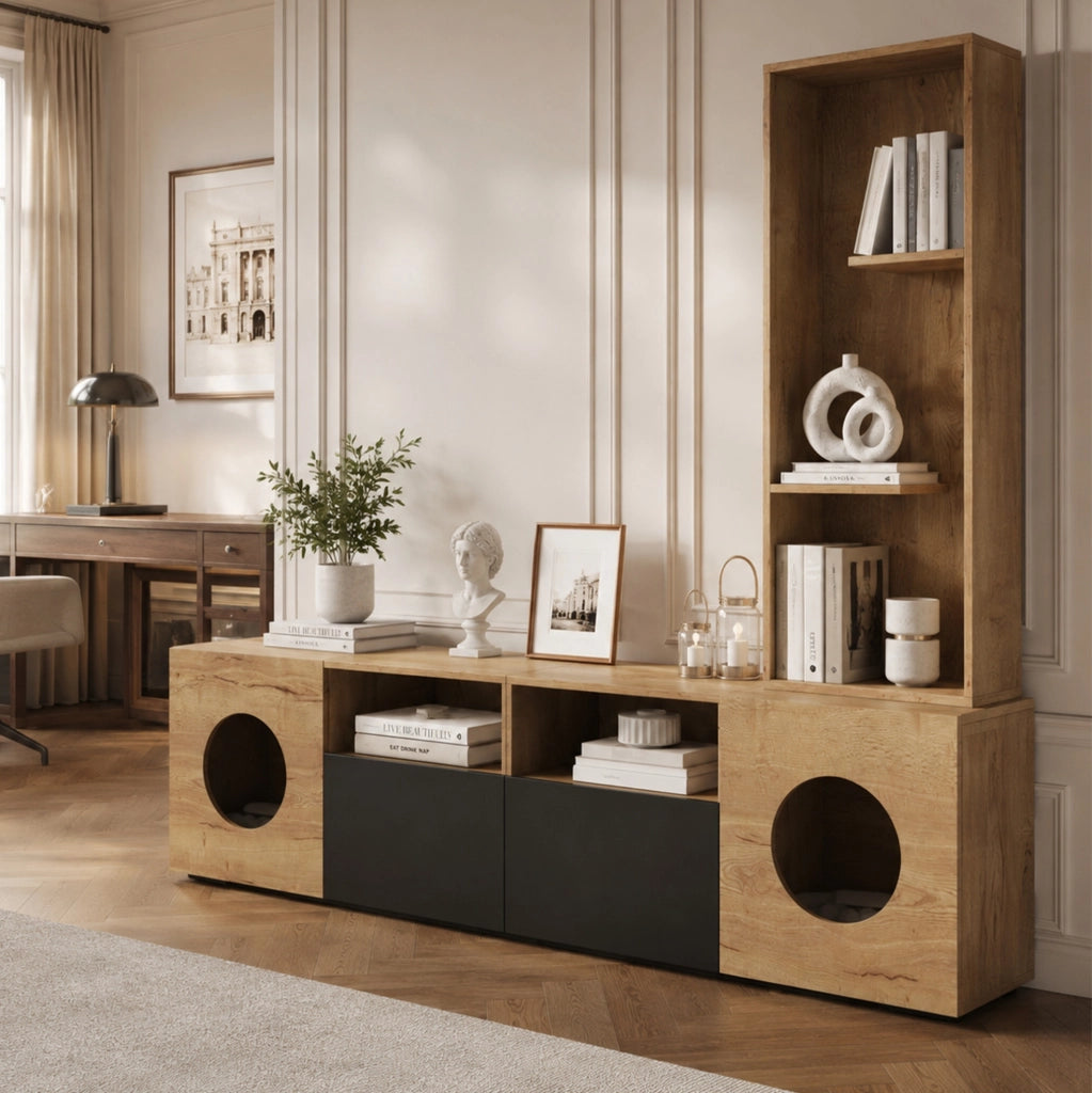 MOBILE TV con Libreria e Area per Gatti 185x40x162 cm Nero e Naturale