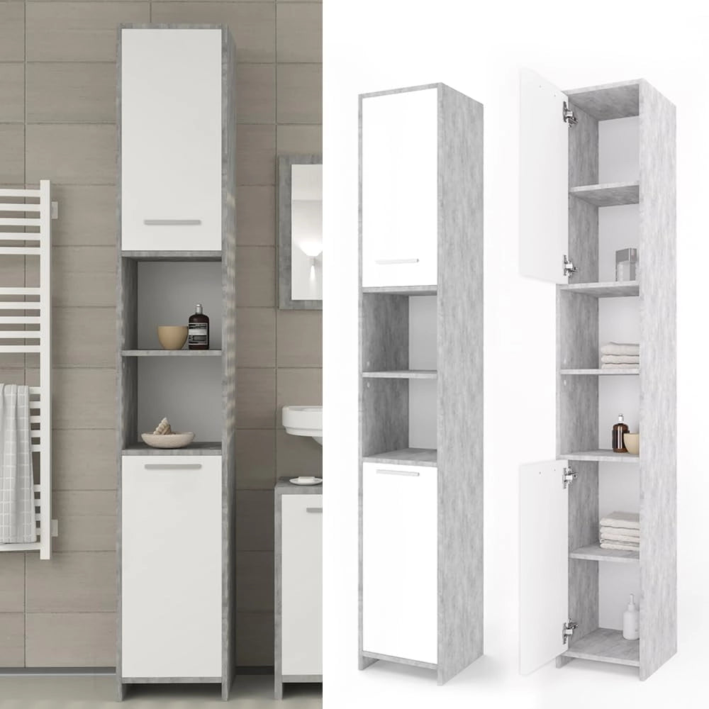 Set di mobili da bagno Maris, Bianco, 2 pezzi, con colonna e mobile a specchio per bagno, composto da armadio alto e armadietto a specchio