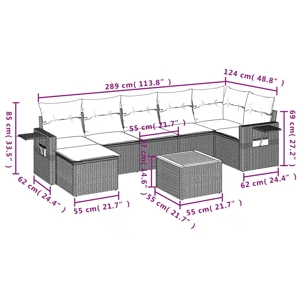 Set Divani da Giardino 8 pz con Cuscini Grigio in Polyrattan 3224675