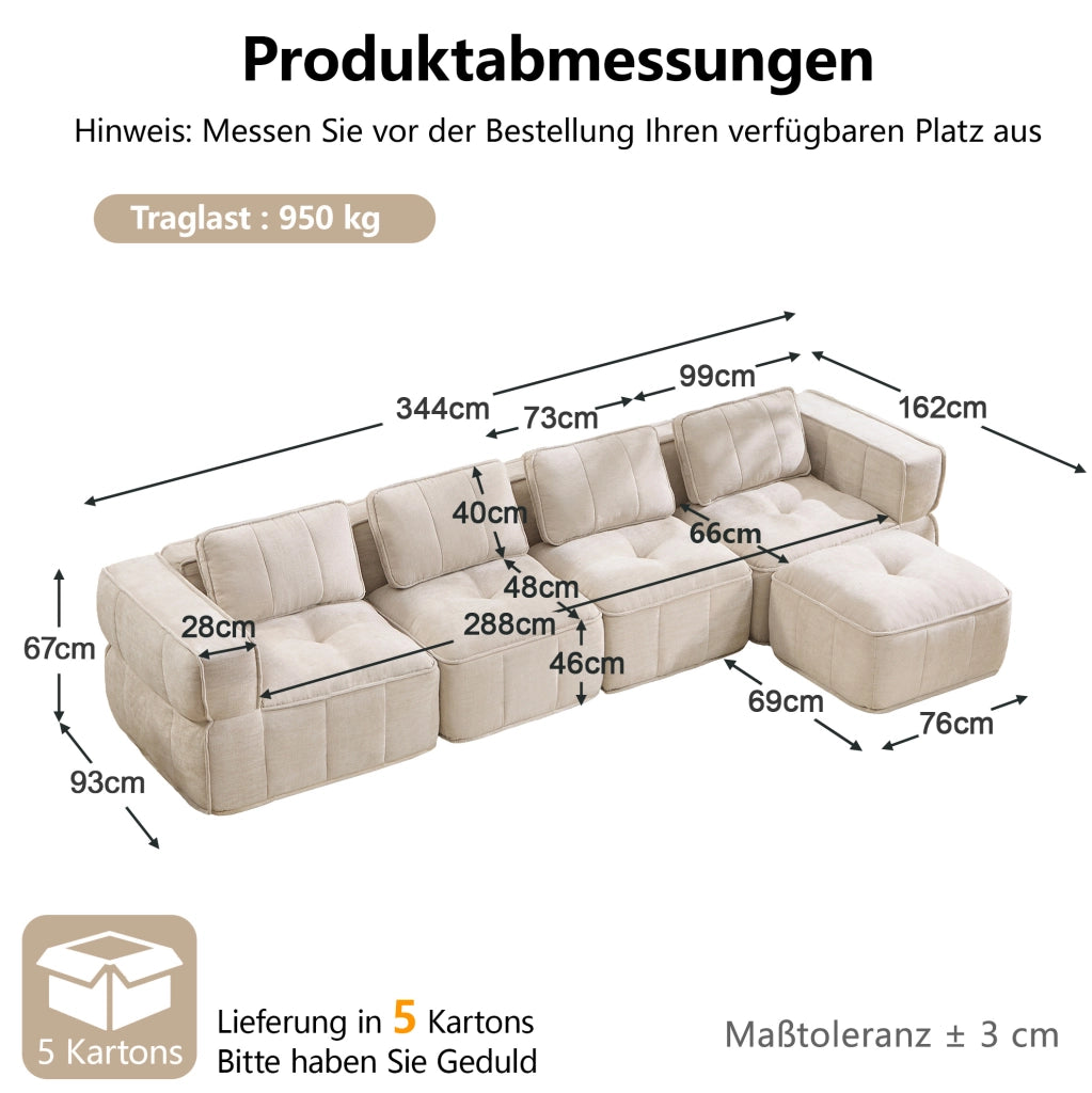 Divano modulare angolare a L 4 posti con pouf; seduta profonda in poliestere beige 344x162x67 cm