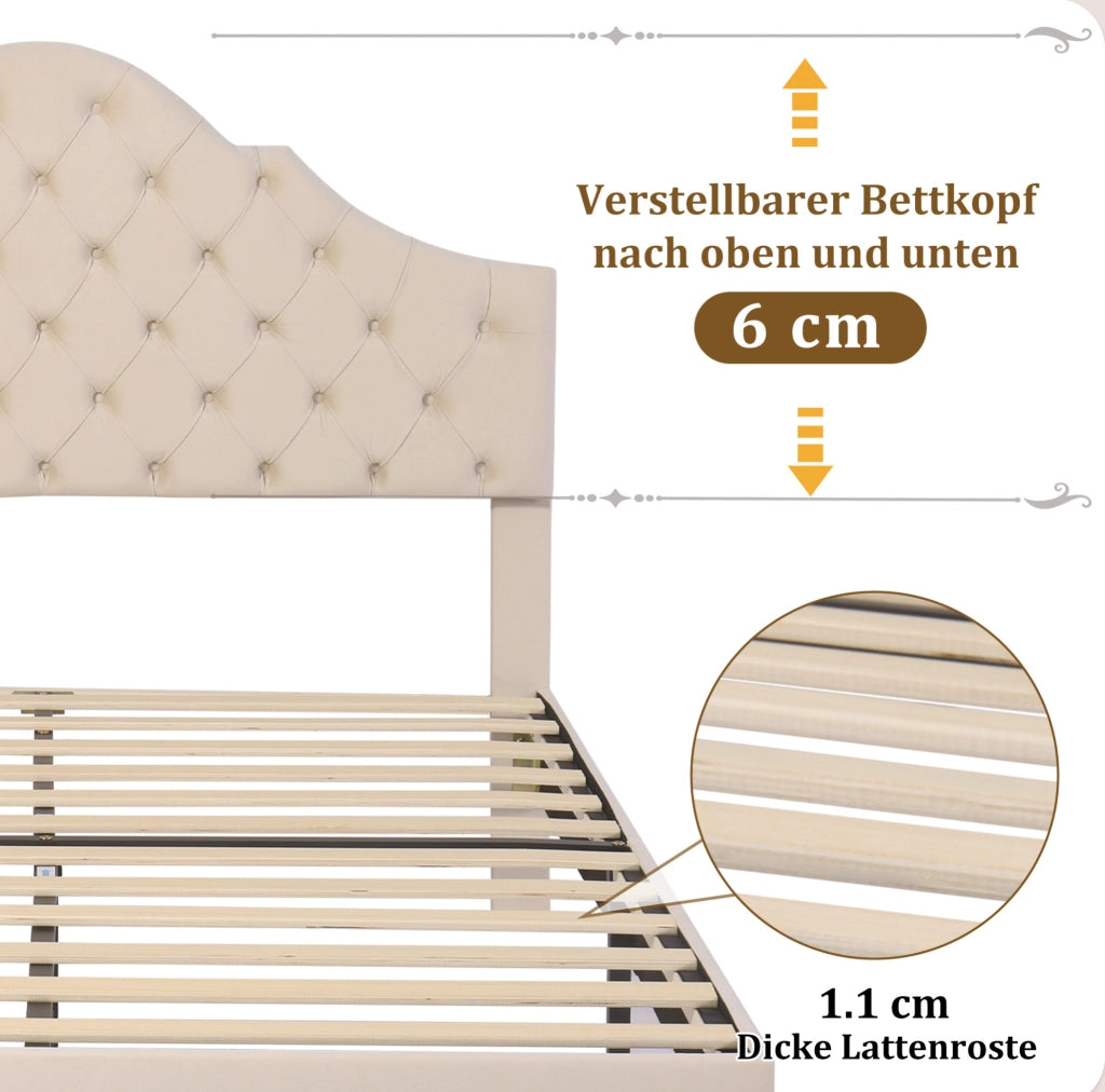 Letto imbottito 140x190 cm con rete a doghe e testiera regolabile in altezza; velluto off white