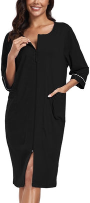 Camicia da notte per donna con zip, giacca leggera in cotone 100%, notte con maniche 3/4 e tasche (nero, XS)