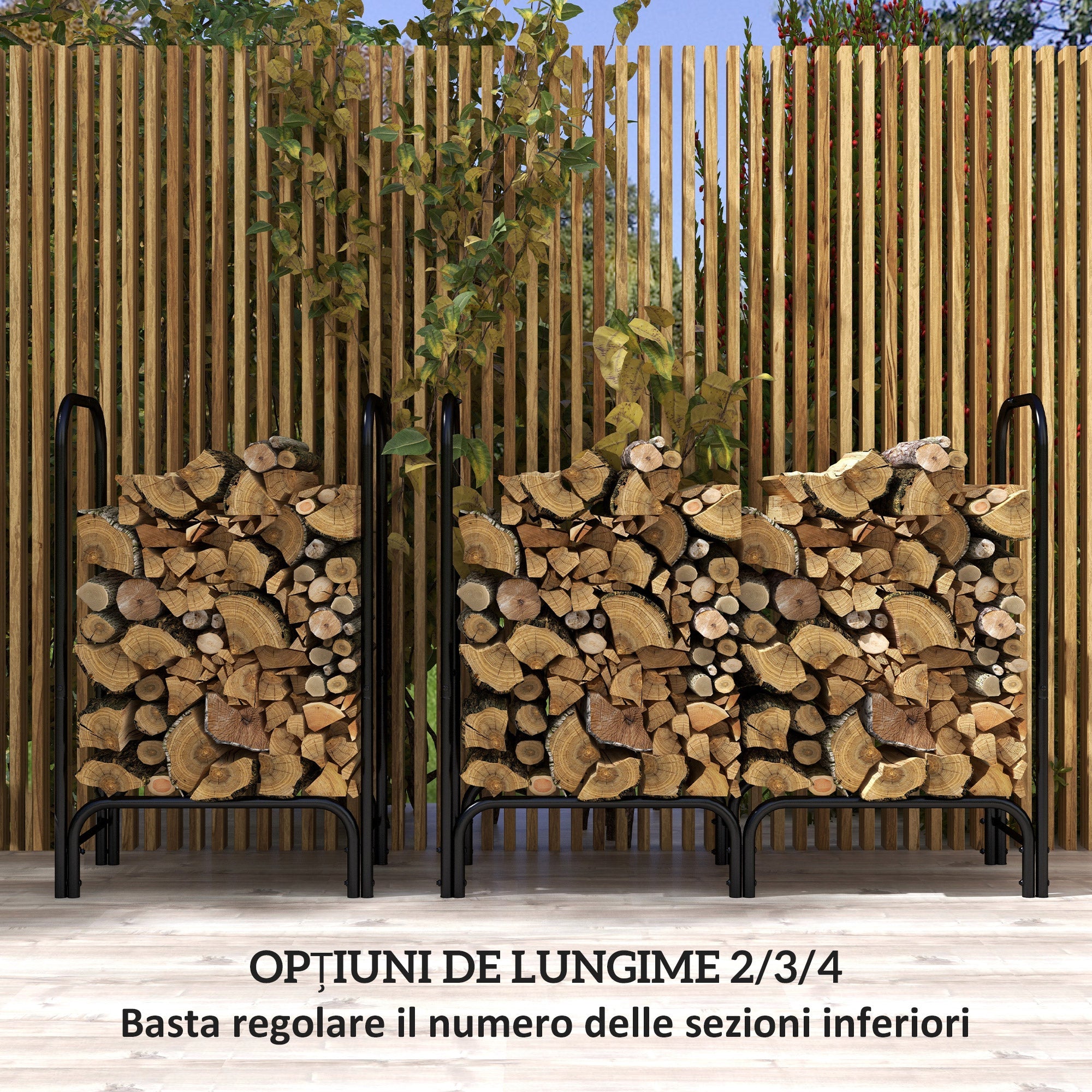 Portalegna per Camino da Interno ed Esterno con Telo Porta Legna e Copertura 120x36x99 cm in Metallo Nero