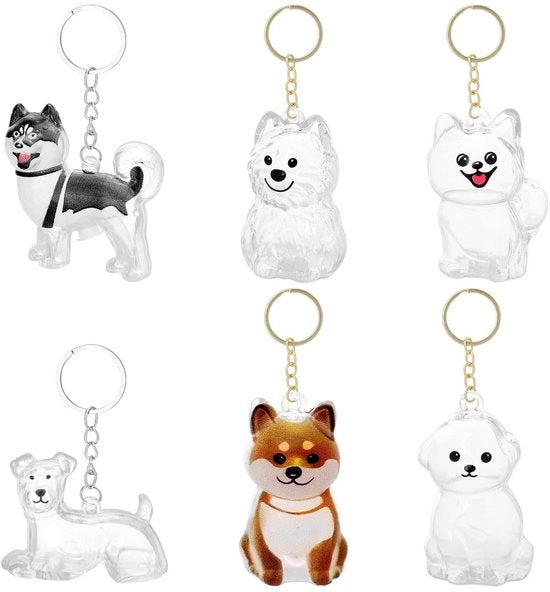 Sostegno per chiavi 6 pezzi - Raccoglitore di capelli per cani - Materiale trasparente in acrilico - Disegni allegri - Ideali come regali di ricordo - Utile per zaini scolastici - Sostegno per chiavi da ricordo