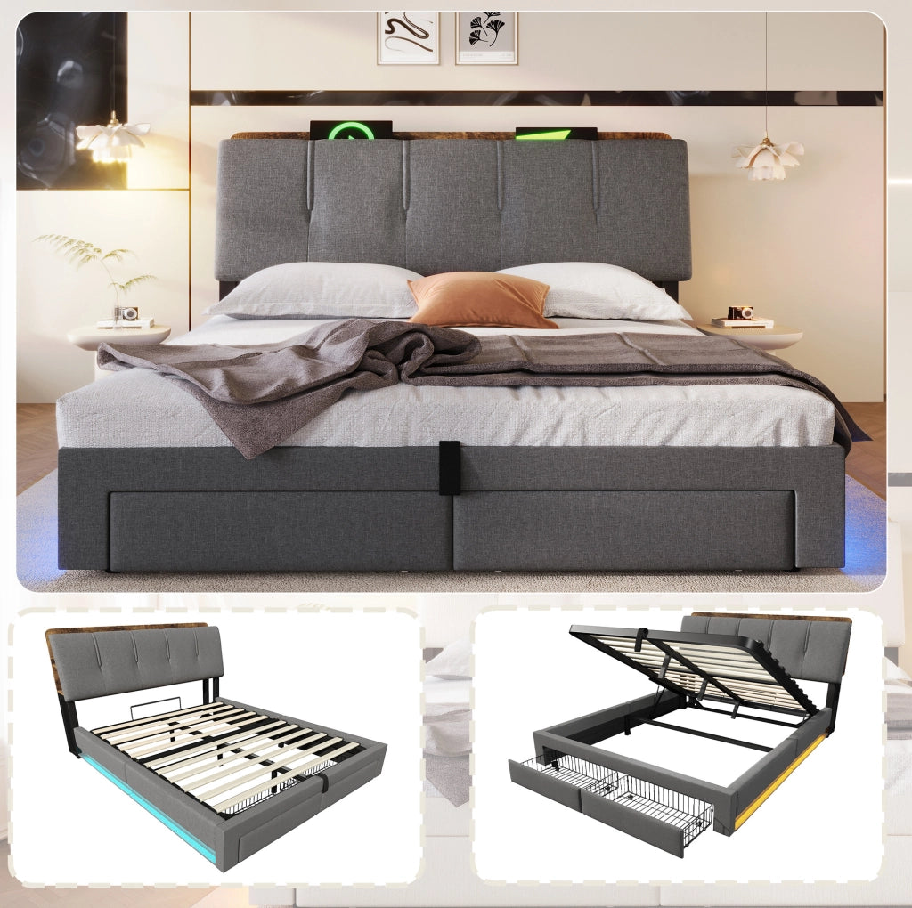 Letto imbottito 140x200 cm con contenitore, LED e USB-C grigio