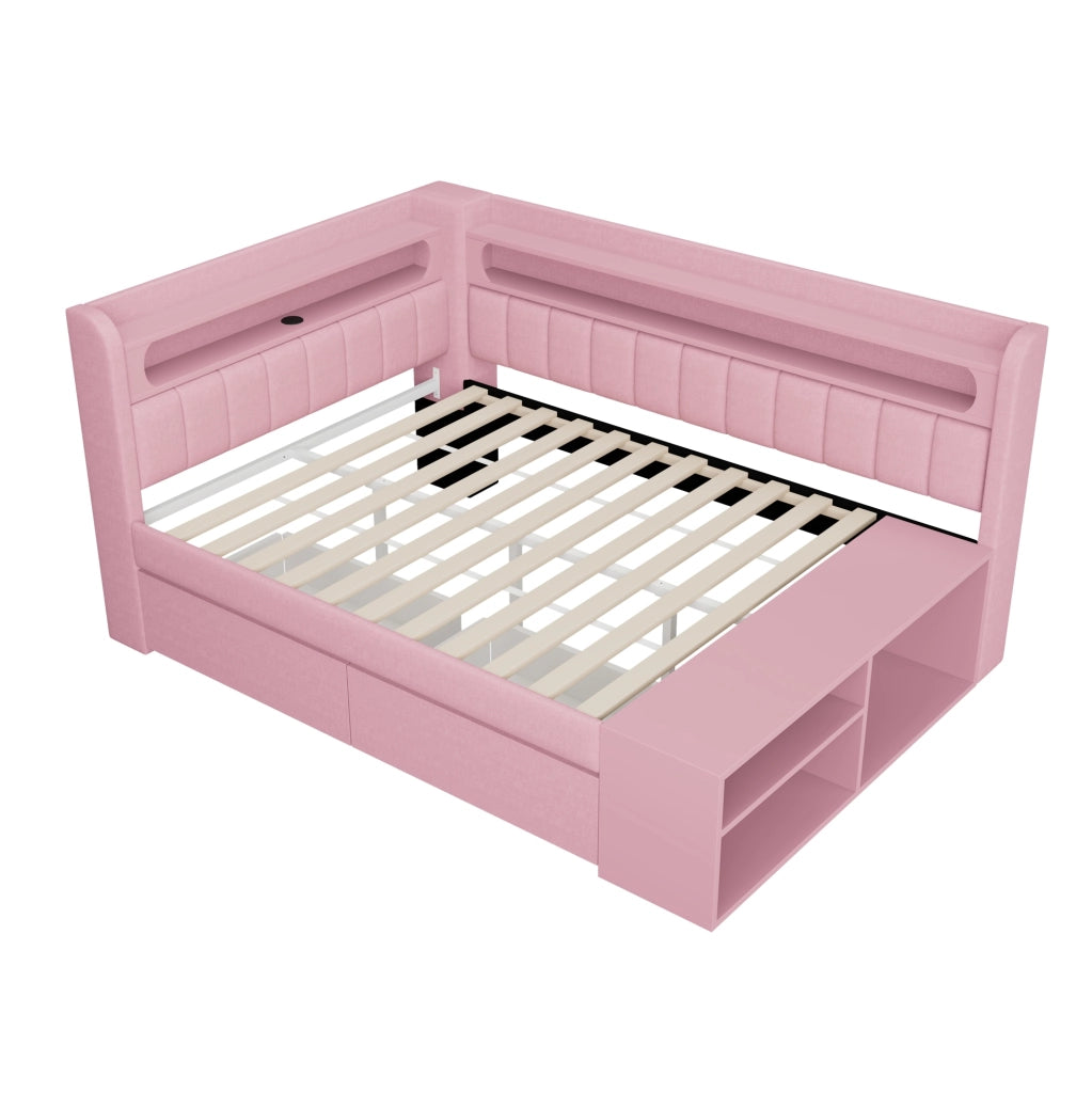 Divano Letto Imbottito 90x200 cm con Porta USB, Striscia LED, Scarpiera e 2 Cassetti, Rosa