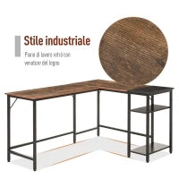 Scrivania Angolare in Stile Industriale con Ripiano Laterale, in Legno e Metallo Nero, 150x120x75cm