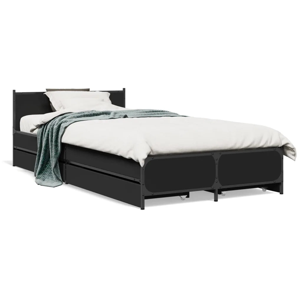 Letto singolo | Letto per adulti | Giroletto con Cassetti Nero 75x190 cm in Legno Multistrato