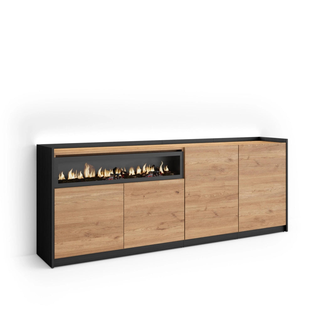 Credenza, Mobile, Cucina, 207x80x37 cm, 4 Porte, Camino elettrico, LED, Rovere e nero