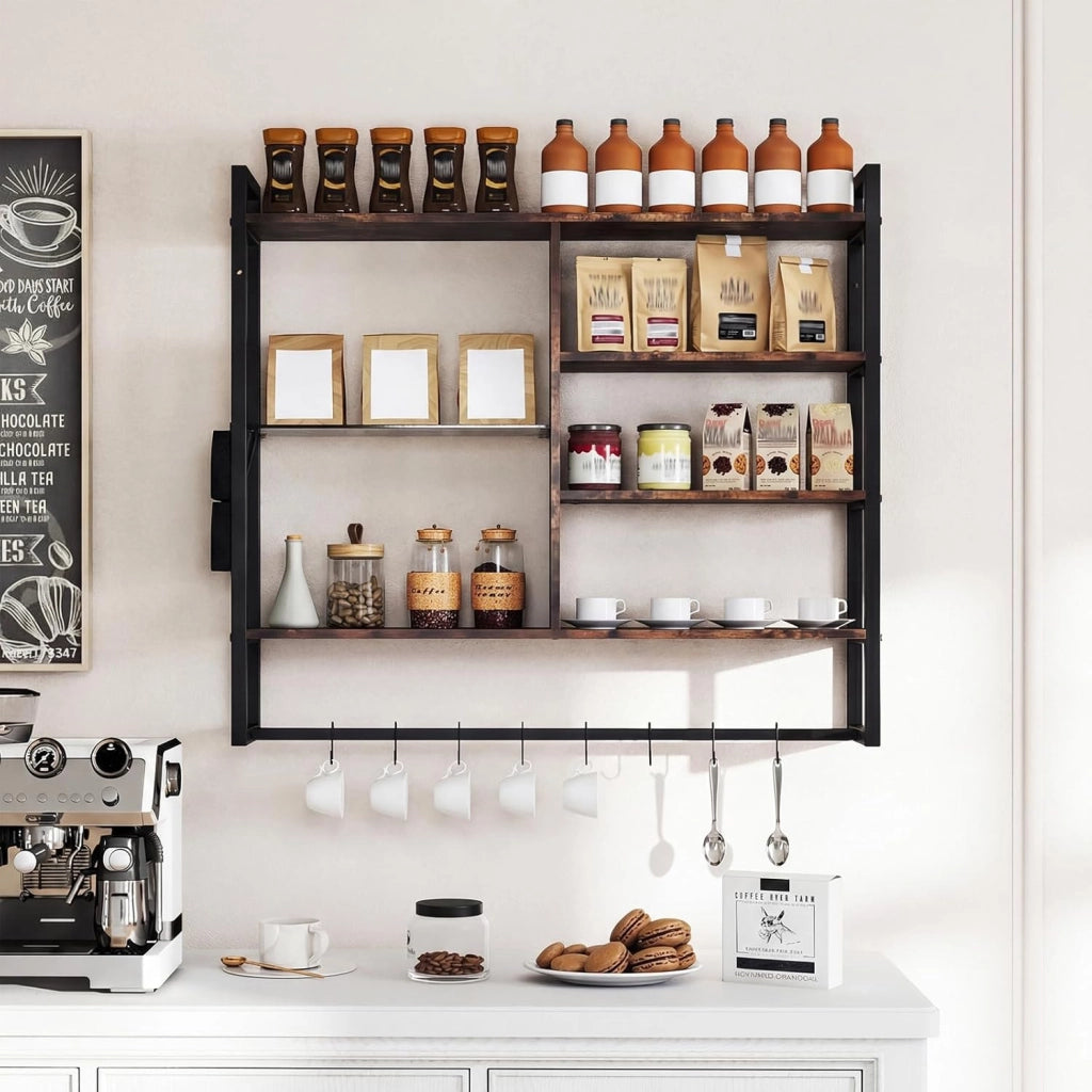 Mensola da Parete 107 cm, Scaffale a 6 Livelli con 8 Ganci a S e Tasca Laterale Rimovibile, Espositori per Bar Cucina Salotto Bagno