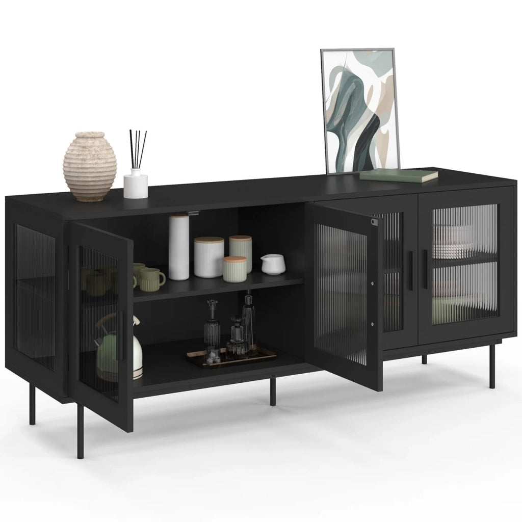 IDMarket - Credenza ZINEB 140 cm, 4 ante in vetro, frontale nero scanalato