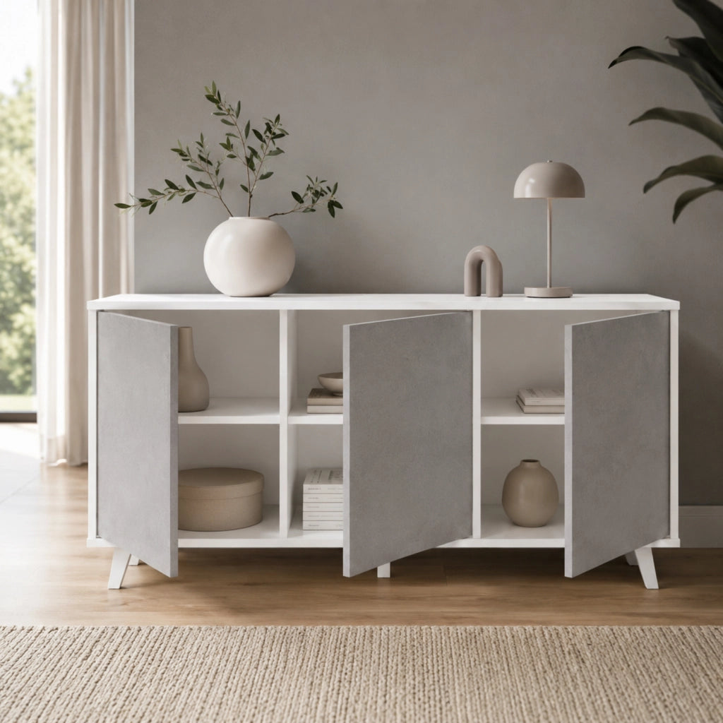 Credenza Gijòn Mobiletto Madia Con 3 Ante Battenti Senza Maniglie In Melaminico Per Soggiorno Salotto E Sala Da Pranzo 154 X 41 X 75 Cm Bianco E Grigio Cemento