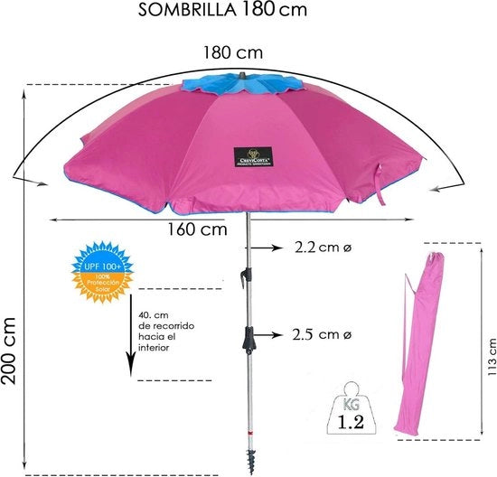 Parasole da giardino da 180 cm - Manubri a spirale e maniglie - 8 stecchi - Rosa