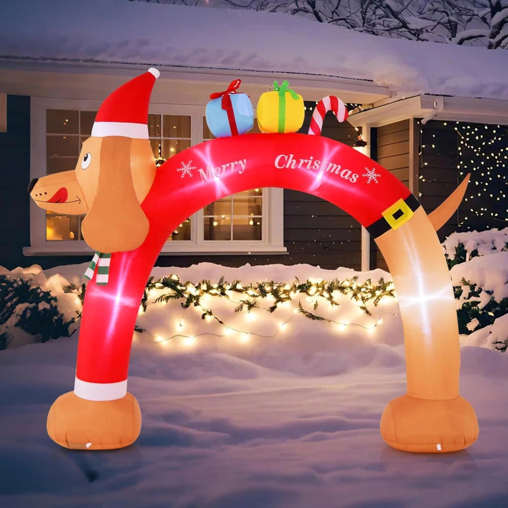 Decorazioni Natalizie, Arco Gonfiabile Natalizio con Cane 242 CM, 5 Luce LED, Soffiatore Incorporato, Addobbi Natalizi per Esterno Interno per Casa, Giardino, Cortile