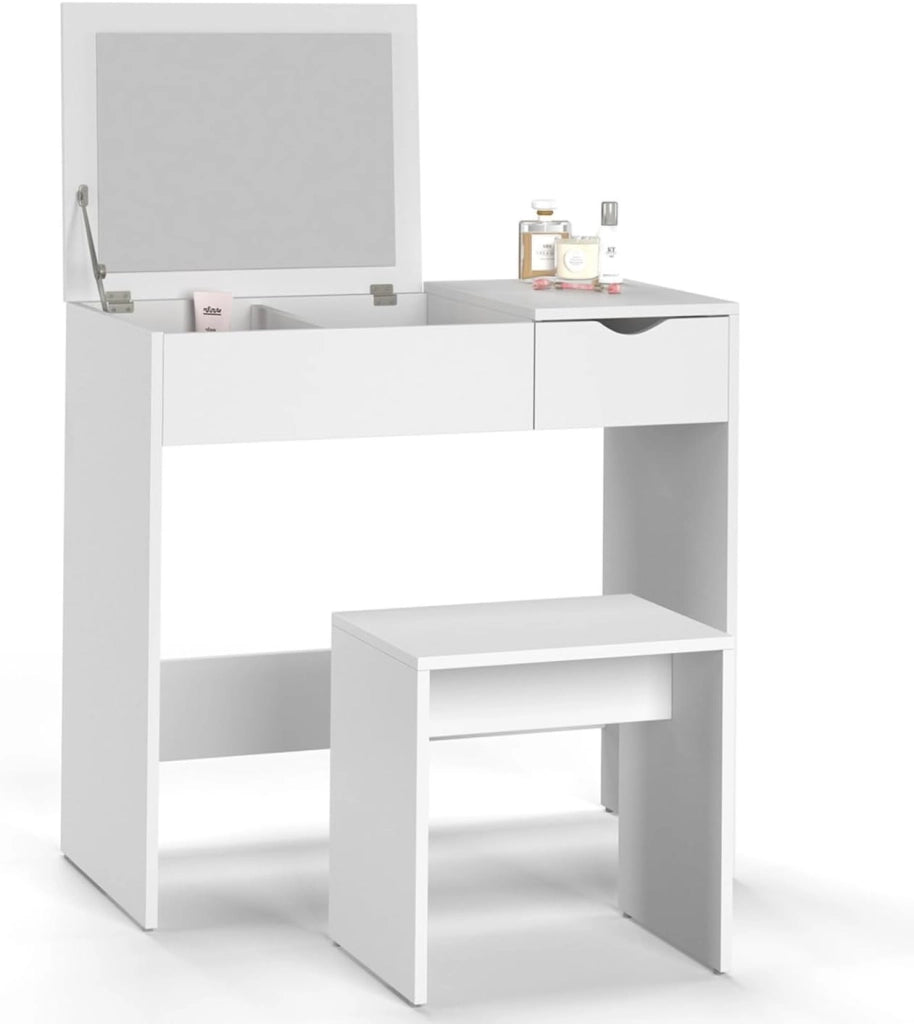 Mobiletto ZELIA con specchio pieghevole, 1 cassetti e 1 sgabello