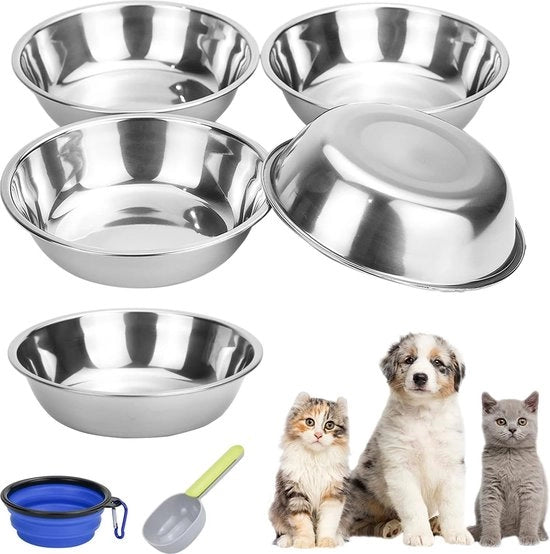 5 contenitori per animali, acciaio inossidabile, con cucchiaio e ciotola ripiegabile, contenitore per cibo, contenitore per acqua, ideale per piccoli cani e gatti (5, 400 ml)