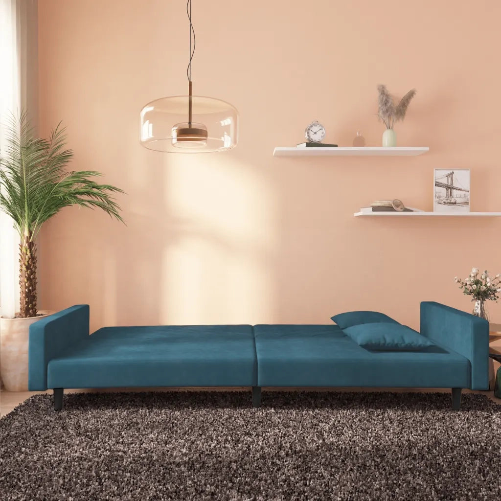 Divano Letto a 2 Posti con 2 Cuscini Blu in Velluto 375917