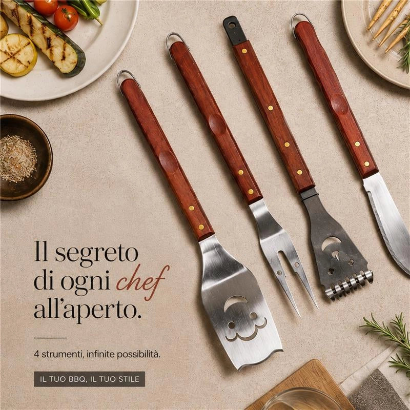 GRILL SET DA 4 UTENSILI PER BARBECUE CON MANICO IN LEGNO 52 CM