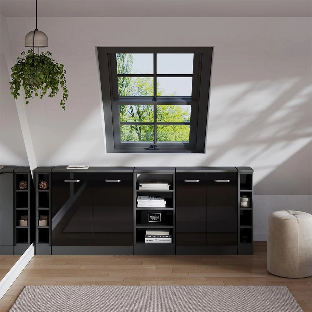 Set di mobili sottotetto Rion, Nero lucido, 210 cm Set di 5 carcasse armadio profondità 60 cm, adatto per il salvaspazio sotto tetti spioventi
