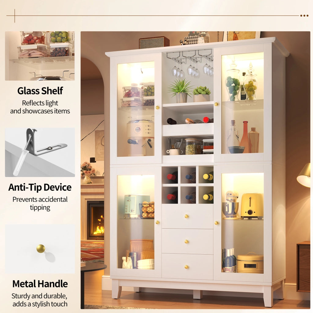 Mobile bar con LED RGB controllati da app, 3 cassetti, portabicchieri e portabottiglie, MDF bianco, 120 × 40 × 180.5 cm