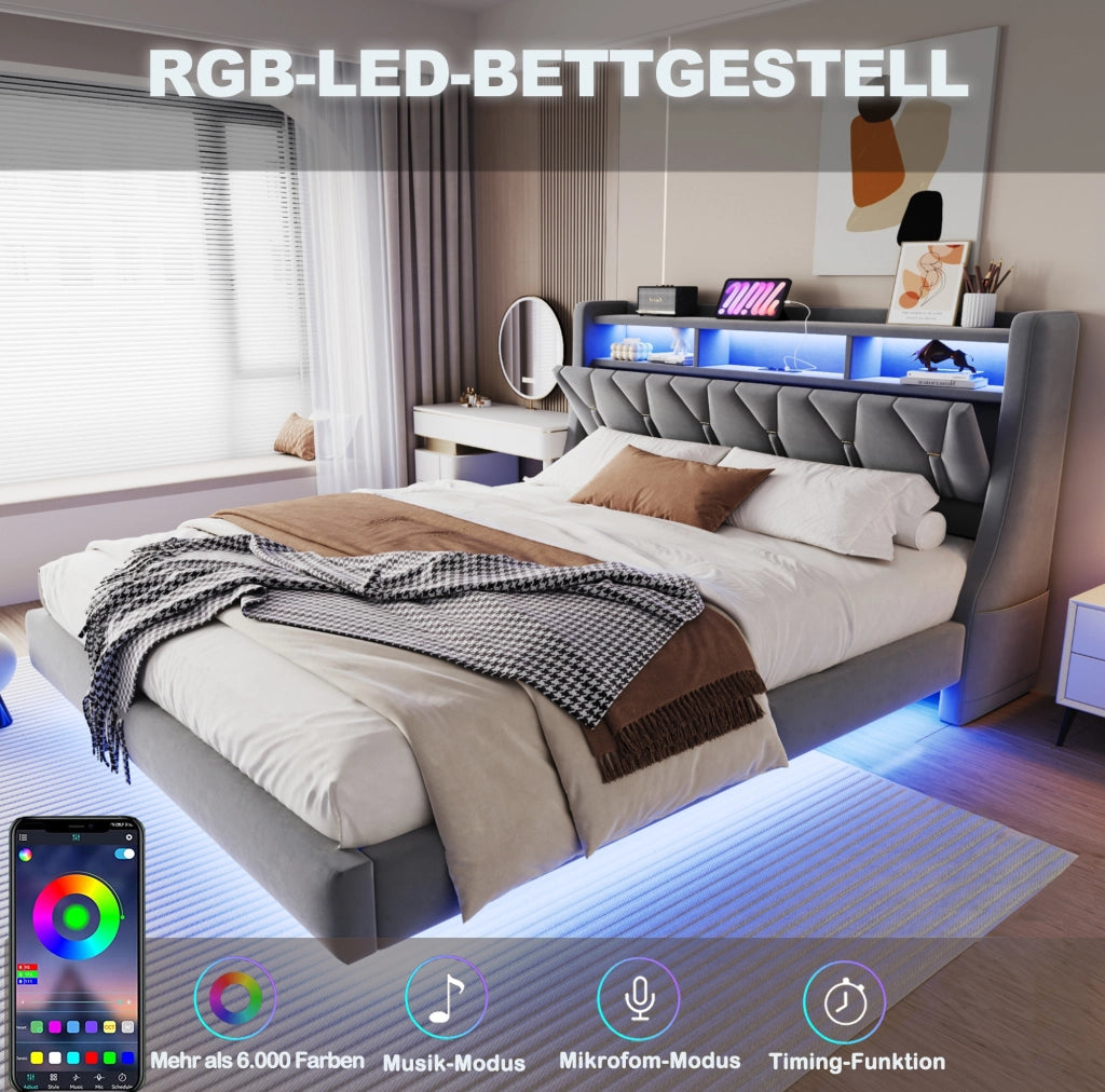 Letto matrimoniale imbottito 180x200 cm in velluto grigio con testiera pieghevole; LED e prese