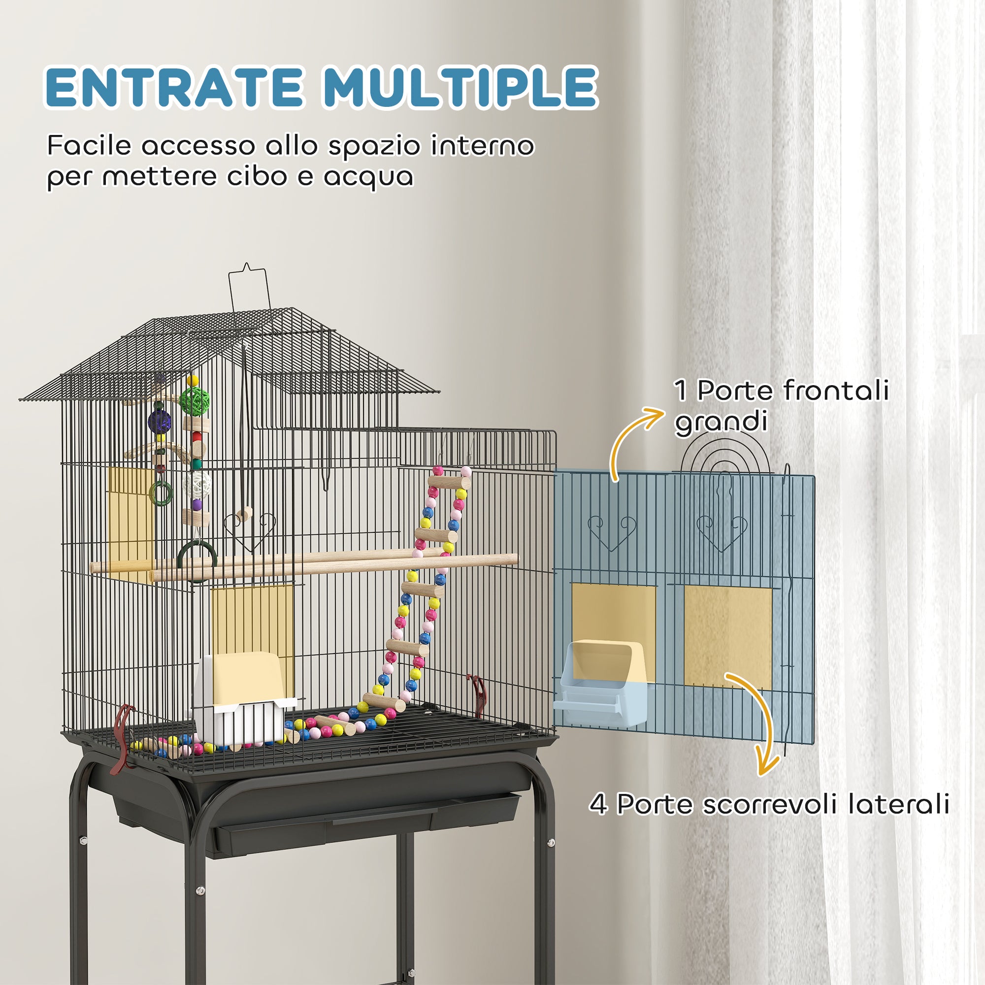 Gabbia per Uccelli con Piedistallo 46x36x120 cm Ruote Girevoli Ripiano e Accessori Nero