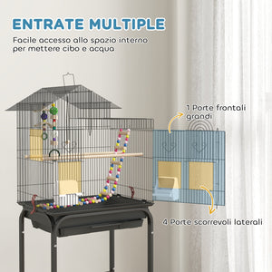 Gabbia per Uccelli con Piedistallo 46x36x120 cm Ruote Girevoli Ripiano e Accessori Nero